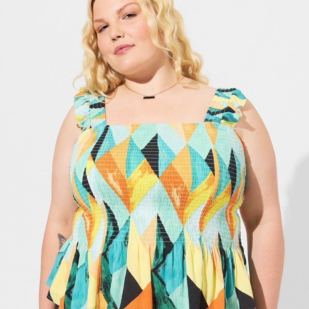 Torrid - Peplum Washable Crinkle Gauze Smocked Tank Top in Geo-Multi​​​​​​​​
